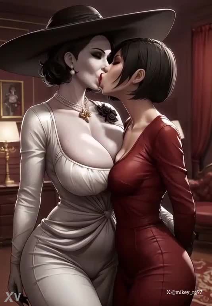 Lady Dimitrescu x Ada Wong kissing and sex (AI generated)